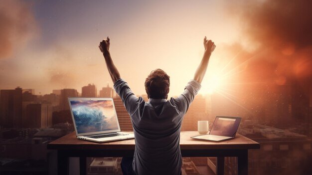 there is man sitting desk with his hands up air generative ai 733139 68928