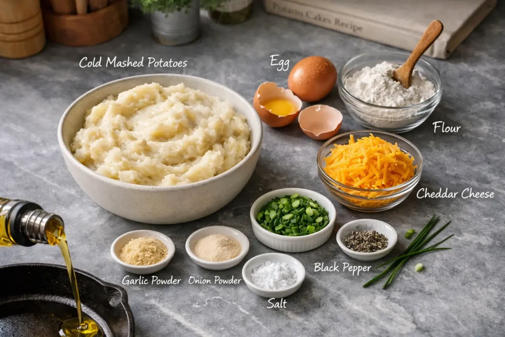 basic ingredients to make potato cakes from mashed potatoes