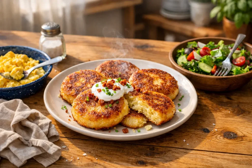 potato cakes from leftover mashed potatoes served as breakfast