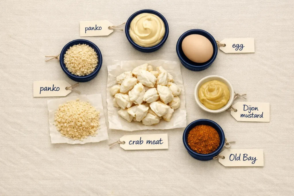 Crab Cake Recipe: 7 Incredible Ingredients for the Best Maryland-Style Crab Cakes crab cake recipe ingredients jumbo lump crab old bay panko egg dijon labeled flat lay cream background navy accents