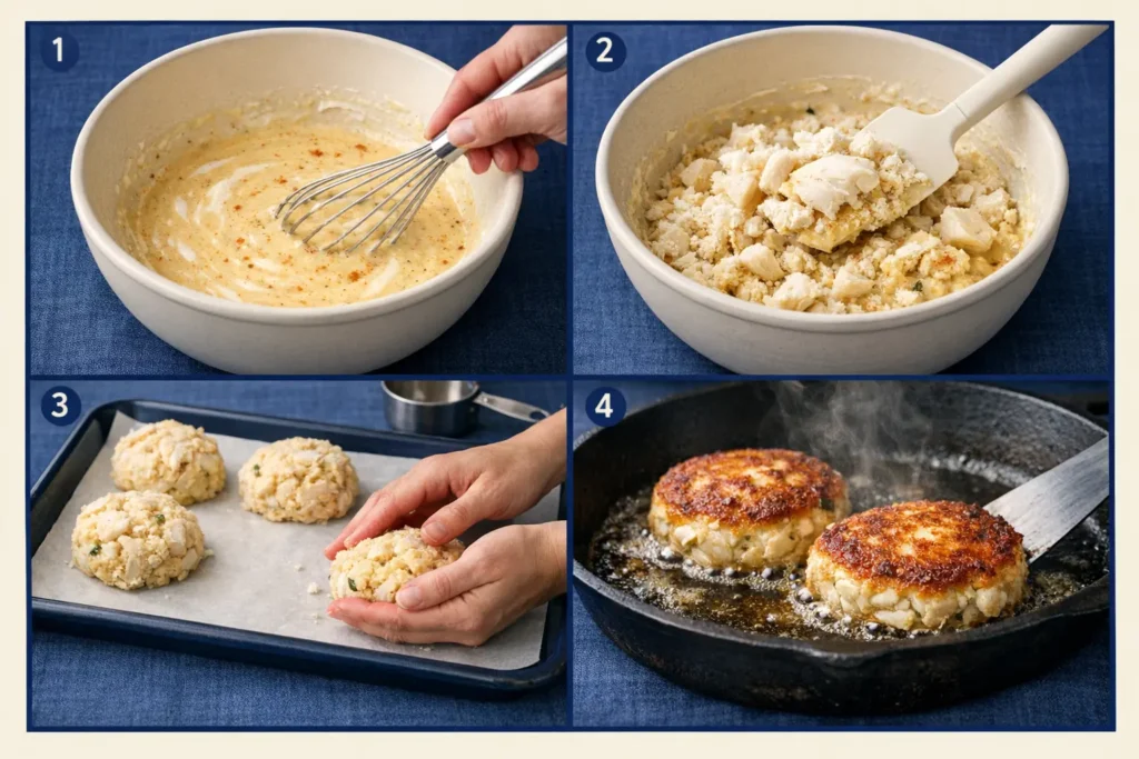 Crab Cake Recipe: 7 Incredible Ingredients for the Best Maryland-Style Crab Cakes how to make crab cake recipe step by step mixing folding shaping pan frying golden crust navy cream