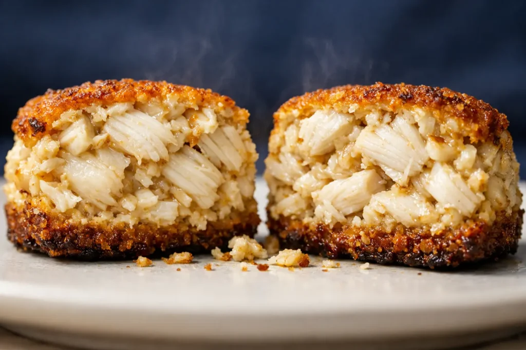 Crab Cake Recipe: 7 Incredible Ingredients for the Best Maryland-Style Crab Cakes crab cake recipe cut in half cross section interior jumbo lump crab golden crust cream navy background