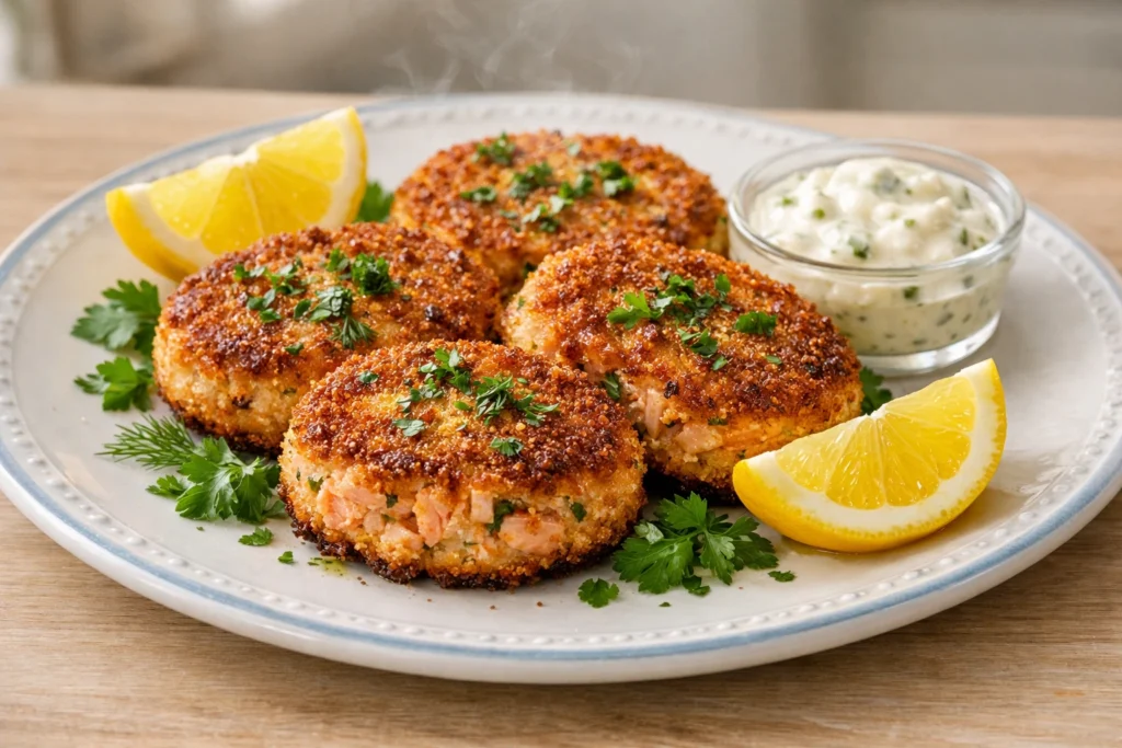 easy salmon cakes recipe plated and ready