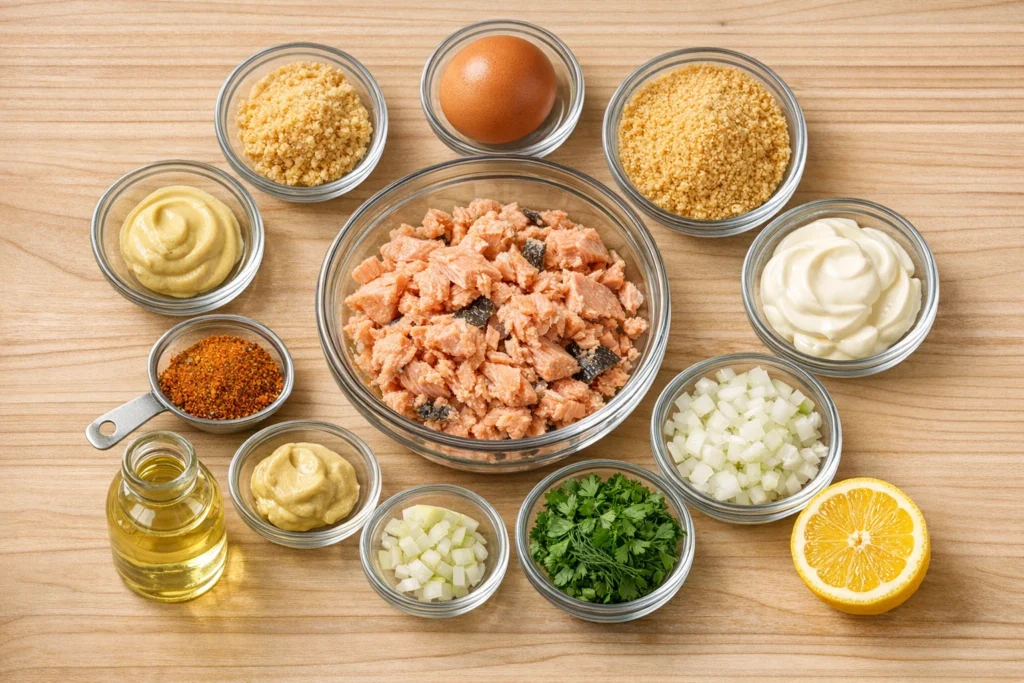 salmon cakes with canned salmon ingredients laid out